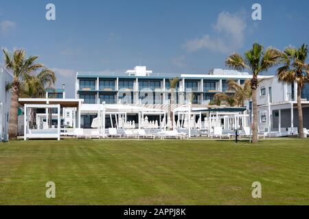 Modernes Gebäude am Meer mit Palmen und grünen Rasen Stockfoto