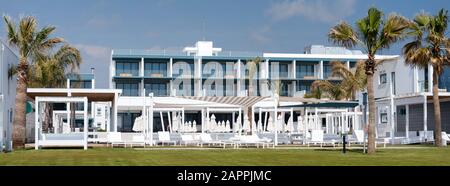 Modernes Gebäude am Meer mit Palmen und grünen Rasen Stockfoto