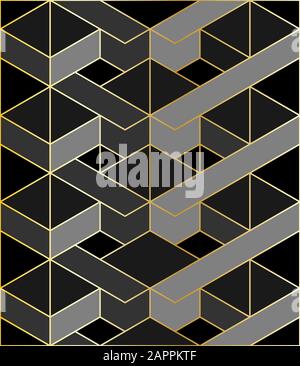 Abstrakter schwarzer und dunkelgrauer geometrischer Hintergrund mit goldenem Umriss. Nahtloses Design mit geometrischem Muster. Stock Vektor