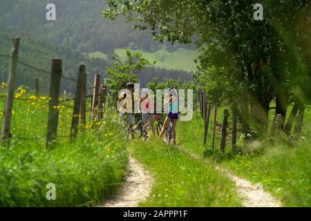 Junge Leute beim Radfahren durch Österreichische Landschaft bei Schladming - Österreichisches Landratsseite bei Schladming, Freunde Radeln Stockfoto