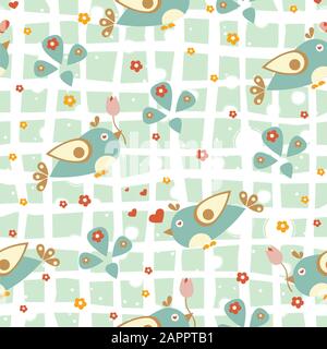 Nahtlose Muster mit lustigen Vögel auf dunklem Hintergrund. Vector Illustration Stock Vektor