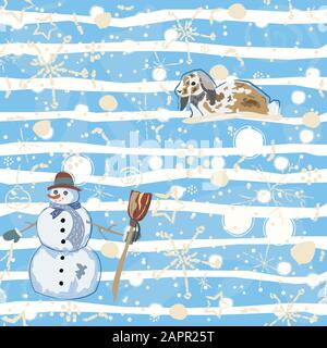 Nahtlose winter Muster mit doodles, Hasen und Schneemann. Vector Illustration Stock Vektor