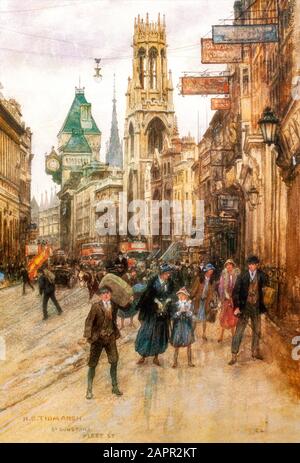 Die Guild Church of St Dunstan-in-the-West von Der Fleet Street in der City of London aus gesehen. Die Kirche ist mittelalterlichen Ursprungs, obwohl das heutige Gebäude mit einem achteckigen Langhaus in den 1830er Jahren nach den Entwürfen von John Shaw errichtet wurde. Gemälde von H. E. Tidmarsh (34-1929 ) Stockfoto