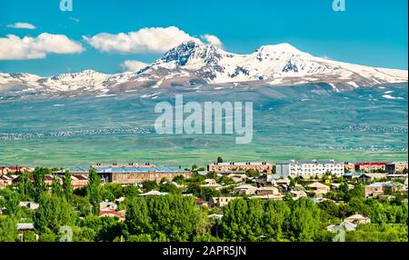 Blick auf den Berg Aragats von Gyumri in Armenien Stockfoto