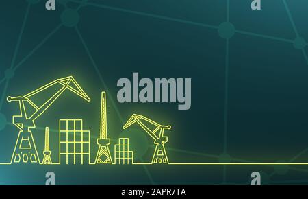 Abstrakte Skizze stilisierter Hintergrund. Frachthafen. Feld für Text. Moderne Broschüren-, Berichts- oder Flyer-Designvorlage. 3D-Rendering. Leuchtmittel aus Neon Stockfoto