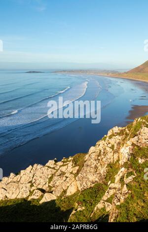 Rhossili Bay Beach oder Llangennith Sands auf der Gower Halbinsel und AONB West Glamorgan South Wales UK GB Europe Stockfoto