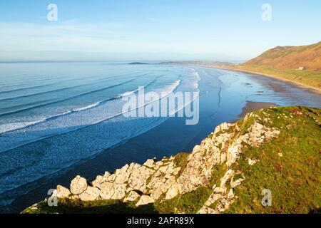 Rhossili Bay Beach oder Llangennith Sands auf der Gower Halbinsel und AONB West Glamorgan South Wales UK GB Europe Stockfoto