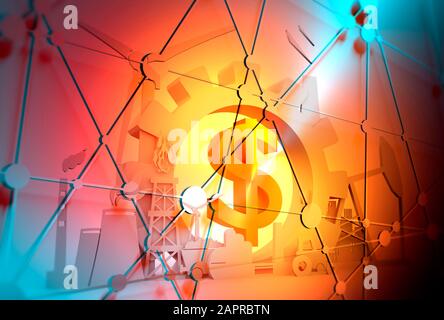 Energie- und Energiesymbole auf weißem Hintergrund. Nachhaltige Energieerzeugung und Schwerindustrie. 3D-Rendering. Goldmaterial-Dollar-Zeichen Stockfoto