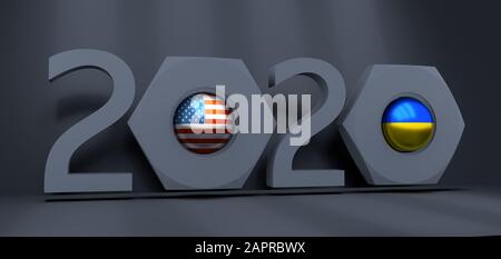 Geschäftskommunikationskonzept im industriellen Design. Zusammenarbeit zwischen den USA und der Ukraine. Nationalflaggen auf glänzenden Kugeln in den Nüssen. 3D-Rendering Stockfoto