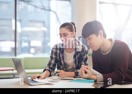 Zwei Studenten sitzen am Schreibtisch und betrachten den Computermonitor und lernen online im Büro Stockfoto