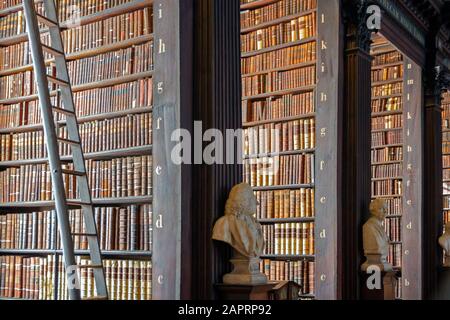 Dublin, IRLAND - 15. FEBRUAR 2014: Vintage-Bibliothek mit Regalen alter Bücher im Long Room im Trinity College. Stockfoto