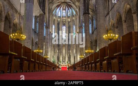 Barcelona, Spanien - 29. Dezember 2019: Mittelschiff der gotischen Basilika Santa Maria del Mar, Barcelona, Spanien. Drinnen Stockfoto