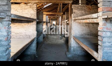 Oswiecim, Polen. Januar 2020. Blick in eine Häftlingsbaracke des ehemaligen Vernichtungslagers Auschwitz-Birkenau. 27.01.2020 ist der 75. Jahrestag der Befreiung des Konzentrationslagers durch die Rote Armee. Von 1940 bis 1945 Betrieb die SS den Komplex mit zahlreichen Satellitenlagern als Konzentrations- und Vernichtungslager. Die Zahl der Ermordeten beläuft sich auf 1,1 bis 1,5 Millionen, die meisten von ihnen Juden. Auschwitz steht als Symbol des industriellen Massenmordes und der Judenvernichtung. Credit: Kay Nietfeld / dpa / Alamy Live News Stockfoto