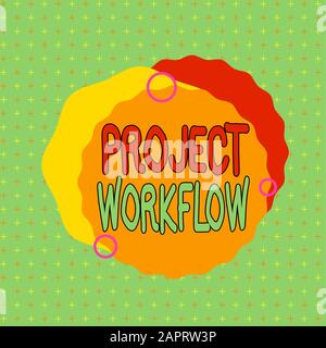 Textzeichen, das den Projektworkflow anzeigt. Geschäftsfoto mit einer Reihe von Schritten, die für die Durchführung von Aufgaben Asymmetrisch ungleichmäßig geformte Forma durchgeführt werden müssen Stockfoto