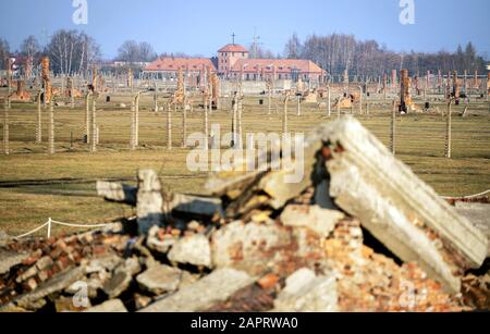 Oswiecim, Polen. Januar 2020. Hinter den Trümmern einer Gaskammer befinden sich die Ruinen des ehemaligen Vernichtungslagers Auschwitz-Birkenau. 27.01.2020 ist der 75. Jahrestag der Befreiung des Konzentrationslagers durch die Rote Armee. Von 1940 bis 1945 Betrieb die SS den Komplex mit zahlreichen Satellitenlagern als Konzentrations- und Vernichtungslager. Die Zahl der Ermordeten beläuft sich auf 1,1 bis 1,5 Millionen, die meisten von ihnen Juden. Auschwitz steht als Symbol des industriellen Massenmordes und der Judenvernichtung. Credit: Kay Nietfeld / dpa / Alamy Live News Stockfoto