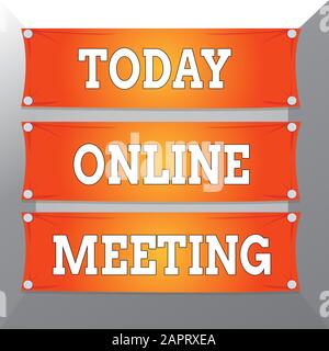 Konzeptionelles Handschreiben mit Online-Meeting. Konzept bedeutet ein Treffen, das über ein elektronisches Medium mit Holzpaneel an der Kol befestigt wird Stockfoto