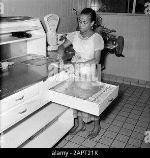 Niederländische Antillen und Suriname zum Zeitpunkt des königlichen Besuchs von Königin Juliana und Prinz Bernhard im Jahr 1955 EIN Geschäft in Willemstad Datum: Oktober 1955 Standort: Curaçao, Willemstad Schlüsselwörter: Innenräume, Personal, Geschäfte Stockfoto