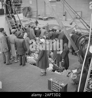 Israel 1948-1949 Auswanderer (Öl) aus Bulgarien an Bord ihres Transportschiffs, das sie nach Israel brachte, beim Anlegen am Kai im Hafen von Haifa. Im Vordergrund ein Koffer mit Adresse Datum: 1948 Ort: Bulgarien, Haifa, Israel Schlagwörter: Gepäck, Auswanderer, Häfen, Versand, Transportmittel Stockfoto
