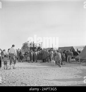 Israel 1948-1949 Auswanderer (Öl) aus Ländern hinter dem Eisensterg werden von Haifa mit dem Lastwagen in das Durchgangslager St. Lucas gebracht Datum: 1948 Ort: Haifa, Israel Schlagwörter: Gepäck, Auswanderer, Lager, Kinder, Zelte, Transportmittel, LKW-Name: Saint Lucas Stockfoto