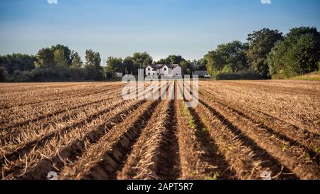 Blick über ein neu gepflügt Feld hinunter die Furchen zu einem weißen Häuschen in der Ferne Stockfoto