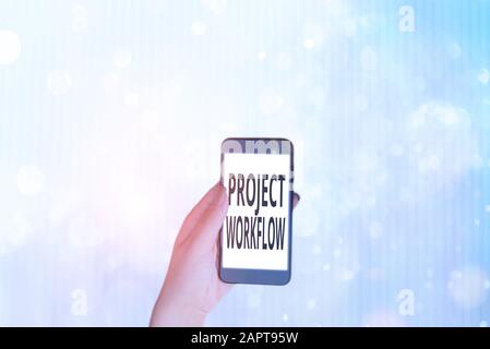 Textzeichen, das den Projektworkflow anzeigt. Geschäftsfoto mit einer Reihe von Schritten, die für die Durchführung von Aufgaben erforderlich sind Stockfoto