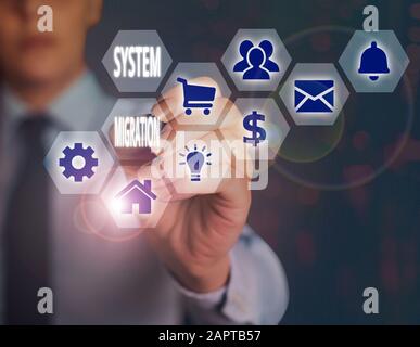 Konzeptionelles Handschreiben mit der Systemmigration. Konzept bedeutet, von der Verwendung einer Betriebsumgebung in eine andere zu wechseln Stockfoto