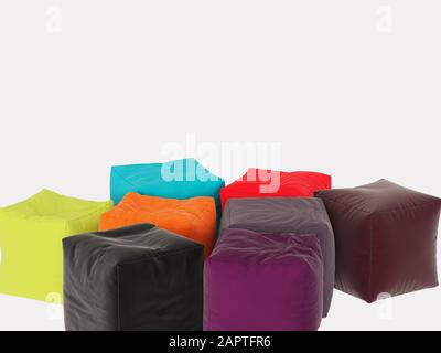 Sammlung quadratischer Beutel auf weißem Hintergrund 3D-Rendering Stockfoto