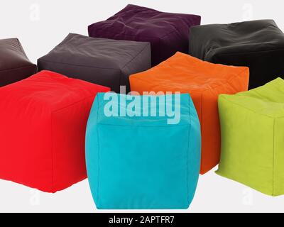 Sammlung quadratischer Beutel auf weißem Hintergrund 3D-Rendering Stockfoto