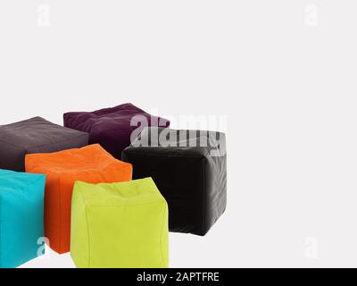 Sammlung quadratischer Beutel auf weißem Hintergrund 3D-Rendering Stockfoto