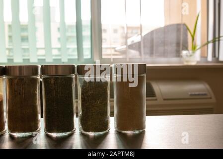 Gewürzsortimente, weißer Pfeffer, Chiliflocken, Limongras, Koriander und Kreuzkümmelsamen in Gläsern auf grauem Steingrund. Stockfoto