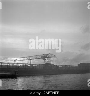 Rheinnavigation, Bericht vom Motorschiff Damco 230: Westdeutsche Krane bei BASF in Ludwigshafen Datum: 1. April 1955 Standort: Deutschland, Ludwigshafen, Westdeutschland Schlagwörter: Chemische Industrie, Fabriken, Kräne, Flüsse Stockfoto