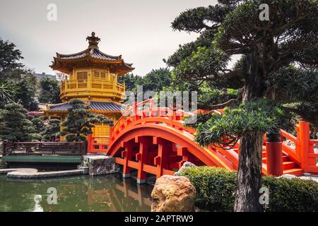 Chi Lin Nunnery und Nan Lian Garden. Stadtpark und Der Pavillon der Absoluten Perfektion im Nan Lian Garden, Hongkong. Stockfoto