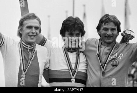 Radweltmeisterschaften 1979 in Valkenburg. Herren Amateure, die die Nummern 1, 2 und 3 ehren: Jan Jankiewicz, Polen 2. (L), Gianni Giacomini, Italien 1. (Mitte) und Bernd Drogan, DDR 3.; Stockfoto