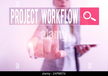 Textzeichen, das den Projektworkflow anzeigt. Geschäftsfoto mit einer Reihe von Schritten, die für die Durchführung von Aufgaben erforderlich sind Digital Business Concept mit bu Stockfoto