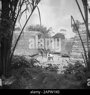 Reisen Sie nach Suriname und zu den niederländischen Antillen Junge Fußballspieler im Waldbauerndorf Koffiekamp Datum: 1947 Ort: Coffeekamp, Suriname Schlüsselwörter: Indigene Bevölkerung, Fußballer, Wohnsitze Stockfoto
