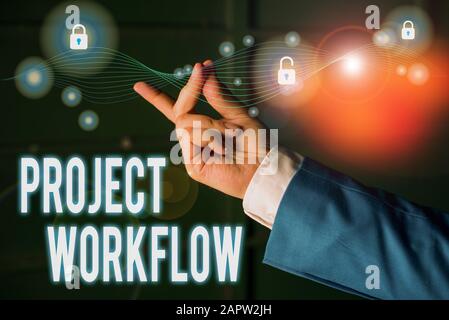 Textzeichen, das den Projektworkflow anzeigt. Eine Reihe von Schritten, die zur Durchführung von Aufgaben durchgeführt werden müssen Stockfoto