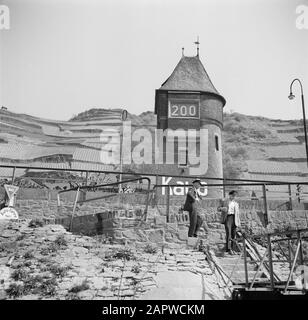 Rheinschifffahrt, Bericht über Wohnen und Arbeiten an Bord eines Rheinschiffes Wirft an der Rheinspur bei Kaub Datum: 1. April 1955 Standort: Deutschland, Kaub, Westdeutschland Schlagwörter: Hügel, Mess- und Waagen, Wasserwirtschaft Stockfoto