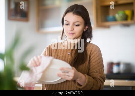 Junge Frau putzt Geschirr in der Küche Stockfoto