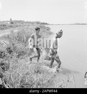 Israel: Kibbutz Ma'agan Mikhael (Ma'agan Michael) Männer bei der Arbeit an den Angelteichen Datum: Undatierter Ort: Israel, Ma'agan Mikhael Schlüsselwörter: Kibbutz, Teiche, Angeln, Fischer: Poll, Willem van de, Stockfoto