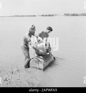 Israel: Kibbutz Ma'agan Mikhael (Ma'agan Michael) Männer bei der Arbeit in den Fischteichen Datum: Undatierter Ort: Israel, Ma'agan Mikhael Schlüsselwörter: Kibbutz, Teiche, Angeln, Fischer Stockfoto