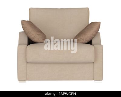 Sessel aus Stoff mit zwei Kissen auf weißem Hintergrund Stockfoto