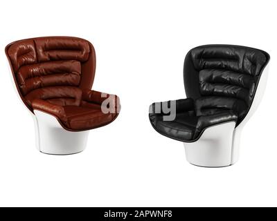 Zwei Ledersessel schwarz und braun Leder auf weißem Hintergrund 3D-Rendering Stockfoto