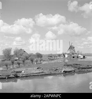 Reportage Noord-Holland Mill bei Monnickendam mit Bäumen und bereits gesägtem Holz Datum: 1. Januar 1932 Ort: Monnickendam, Noord-Holland Schlüsselwörter: Holz, Landschaften, Mühlen Stockfoto