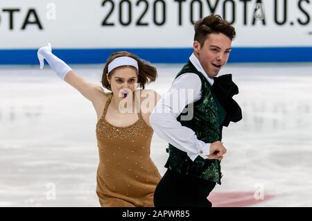 Greensboro, North Carolina, USA. Januar 2020. Jan. 24, 2020 ''" GREENSBORO, N.C., US - BAILEY MELTON & RYAN O'DONNELL aus Stillwell, Kansas und Houston, treten im Rahmen der Toyota U.S. Figure Skating Championship 2020 im Greensboro Coliseum in der Meisterschaft Rhythm Dance an. Die US-Meisterschaften dienen als letzter Qualifikationswettbewerb, bevor US-Figure Skating das World Figure Skating Team 2020 und das Figure Skating Team der vier Kontinente 2020 nennt. Gutschrift: Timothy L. Hale/ZUMA Wire/Alamy Live News Stockfoto