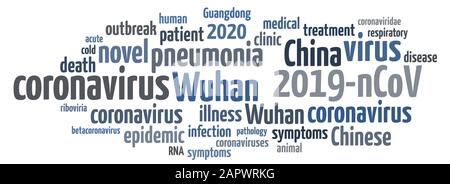 Wuhan Coronavirus Konzept in Word Tag Cloud auf weißem Hintergrund. Word Tag Cloud über Roman Coronavirus 2019-nCoV Stockfoto