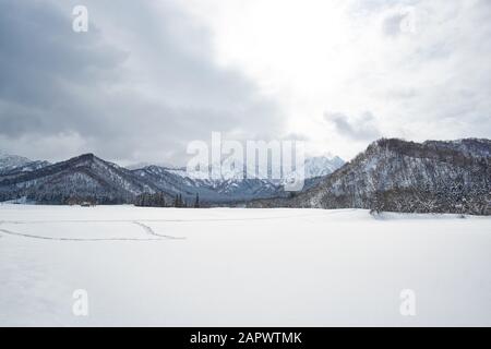 Die Sonne scheint durch Wolken über einem schneebedeckten Feld, das mit Schneeschuhbahnen und bewaldeten Bergen in der Ferne im ländlichen Yuzawa, Niigata, Japan durchquert wird. Stockfoto