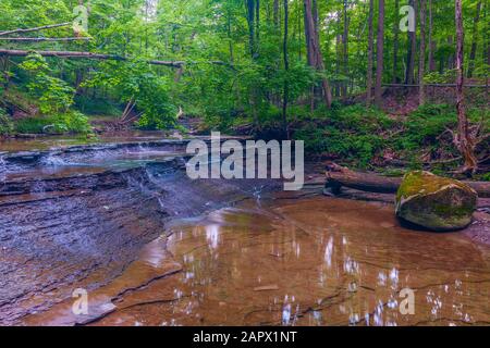 Kleiner kaskadierender Wasserfall am Deer Lick Creek direkt flussaufwärts von Bridal Veil Falls. Cuyahoga-Nationalpark. Ohio. USA Stockfoto