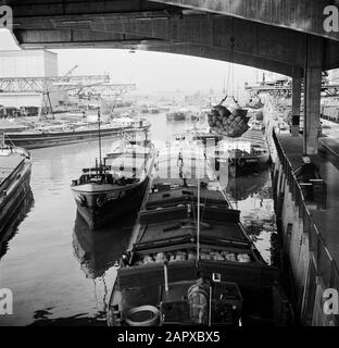 Rheinnavigation, Bericht vom Motorschiff Damco 230: Schweiz Schiffe in der überdachten Umschlaghalle des Basel-Kleinhüningen Datum: 1. April 1955 Standort: Basel, Schweiz Schlagwörter: Lastkähne, Häfen, Kräne Stockfoto