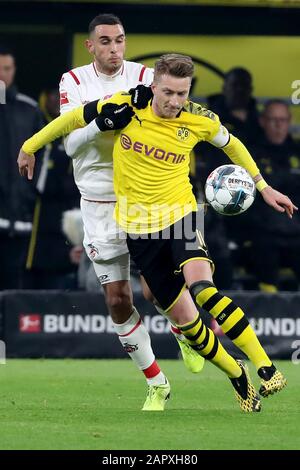 Dortmund, Deutschland. Januar 2020. Marco Reus (vorne) von Dortmund Vies mit Ellyes Skhiri aus Köln während eines deutschen Bundesligaspiels zwischen Borussia Dortmund und dem FC Köln in Dortmund, 24. Januar 2020. Credit: Joachim Bywaletz/Xinhua/Alamy Live News Stockfoto