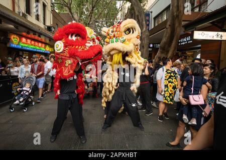 Chinesische Löwen-Tänzerinnen machen sich durch Sydneys China Town für das chinesische Neujahr 2020 auf den Weg Stockfoto